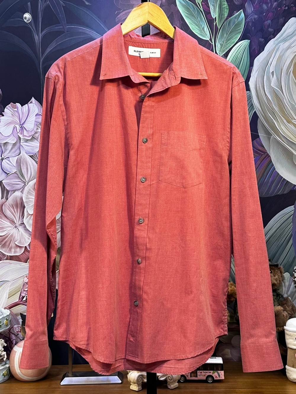 Old Navy L Cotton Blend Men's Shirt Rust Red Slim Fit Preppy Minimalist Street